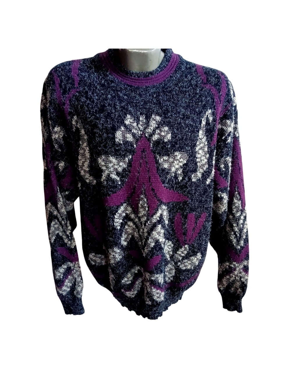 True Vintage Ugly Sweater XL 1980's Zeppelin Wild Purple Abstract AOP Korea XL